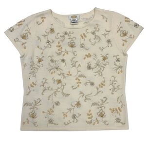 Talbots Cream Top with Gold Embellishments / 100% MERINO WOOL